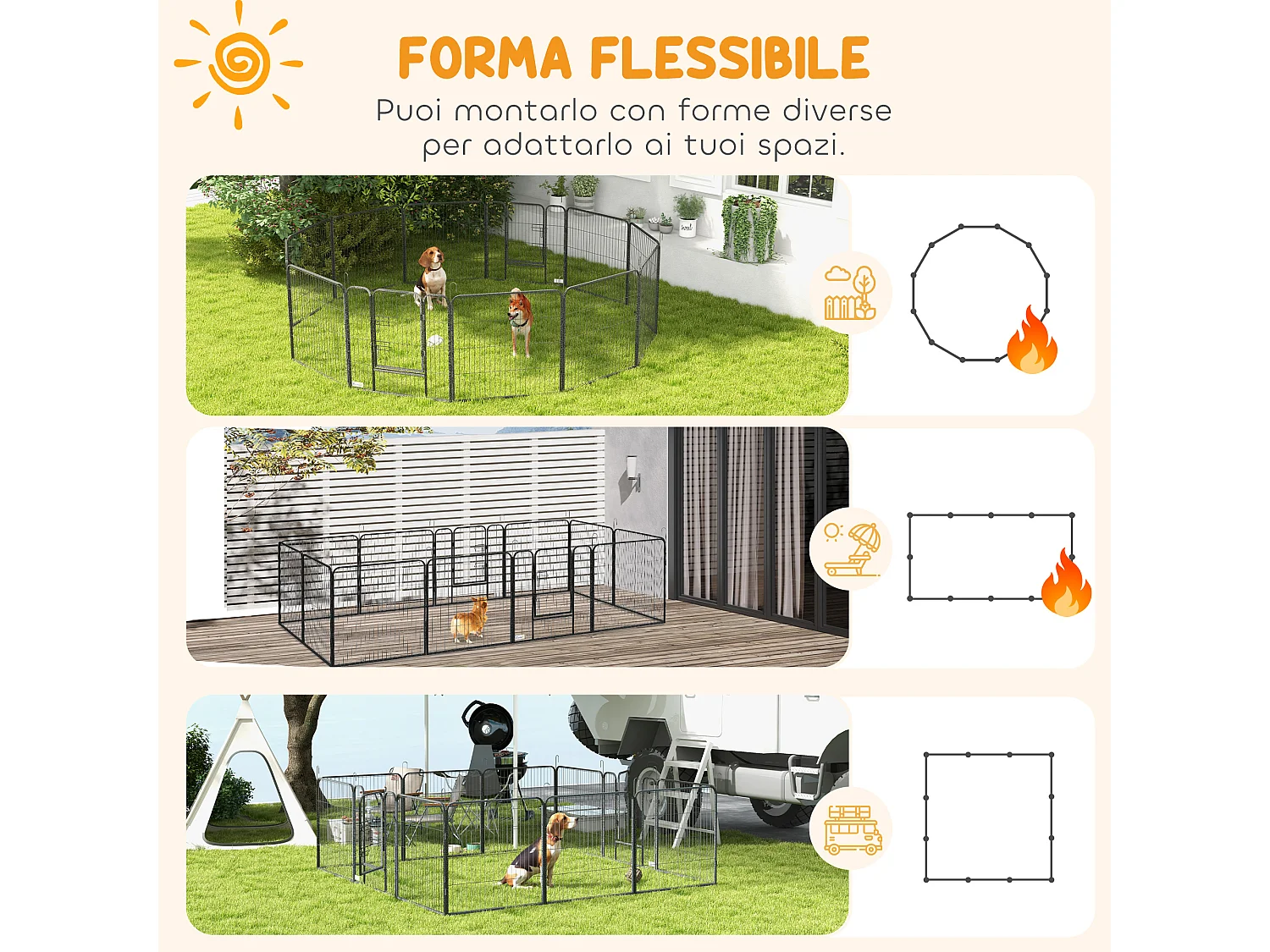 Recinto per cani 12 pannelli modulabili e 2 ingressi grigio