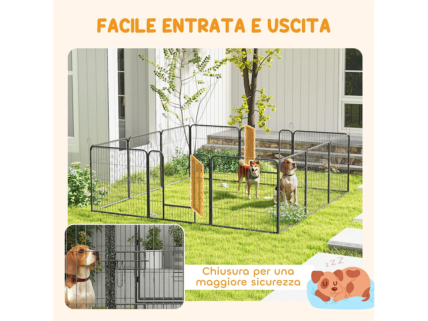 Recinto per cani 12 pannelli modulabili e 2 ingressi grigio