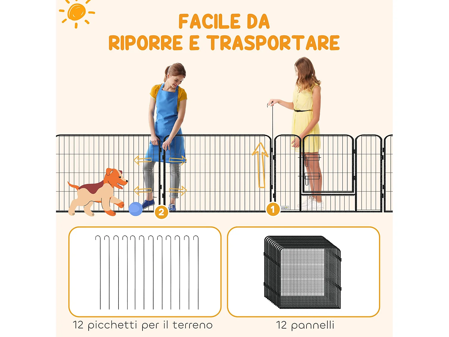 Recinto per cani 12 pannelli modulabili e 2 ingressi grigio