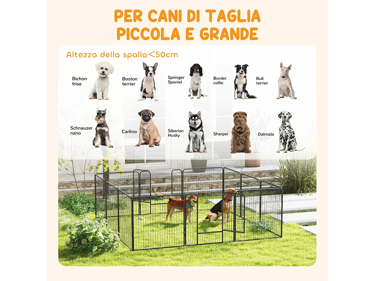 Recinto per cani 12 pannelli modulabili e 2 ingressi grigio