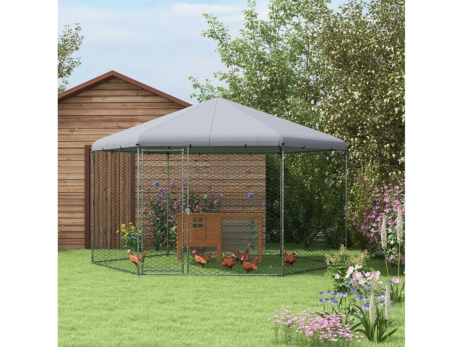 Recinto per galline con tetto e porta in acciaio 4x3.5x2.6m argento