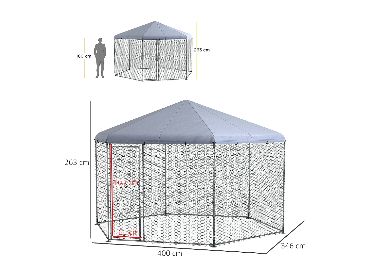 Recinto per galline con tetto e porta in acciaio 4x3.5x2.6m argento