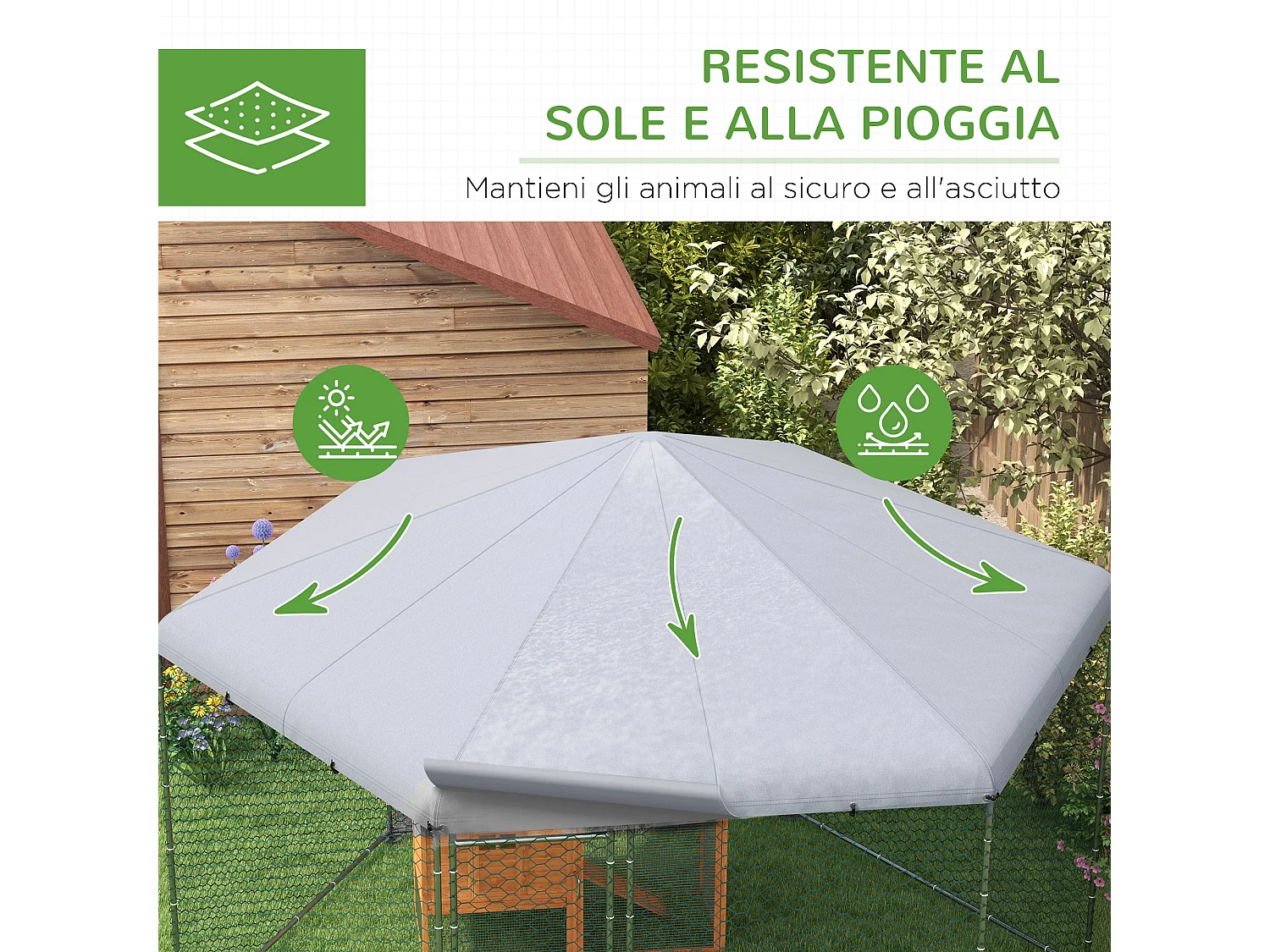 Recinto per galline con tetto e porta in acciaio 4x3.5x2.6m argento