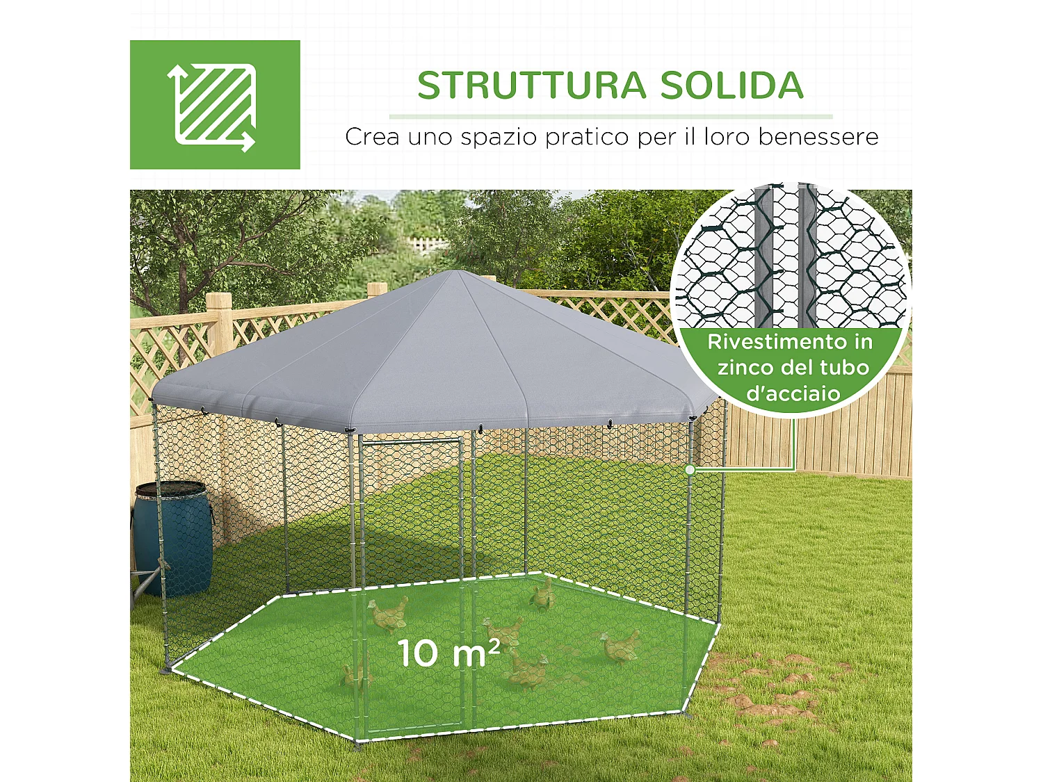 Recinto per galline con tetto e porta in acciaio 4x3.5x2.6m argento
