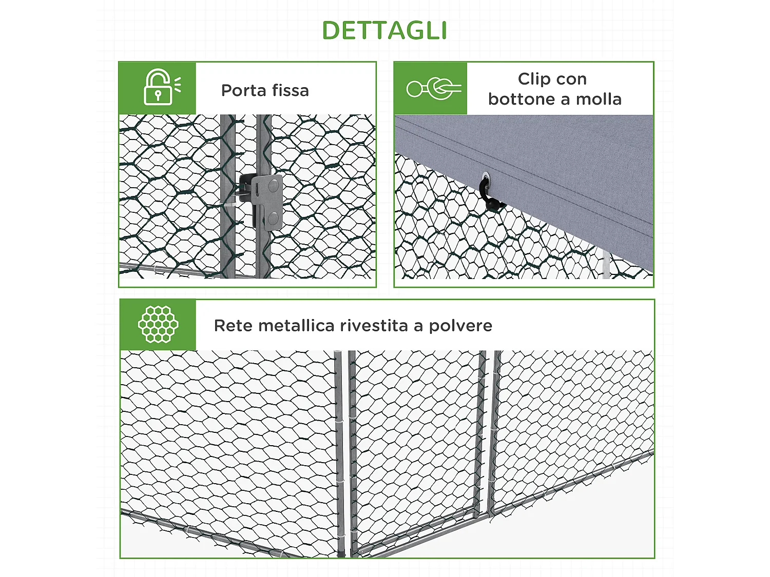 Recinto per galline con tetto e porta in acciaio 4x3.5x2.6m argento