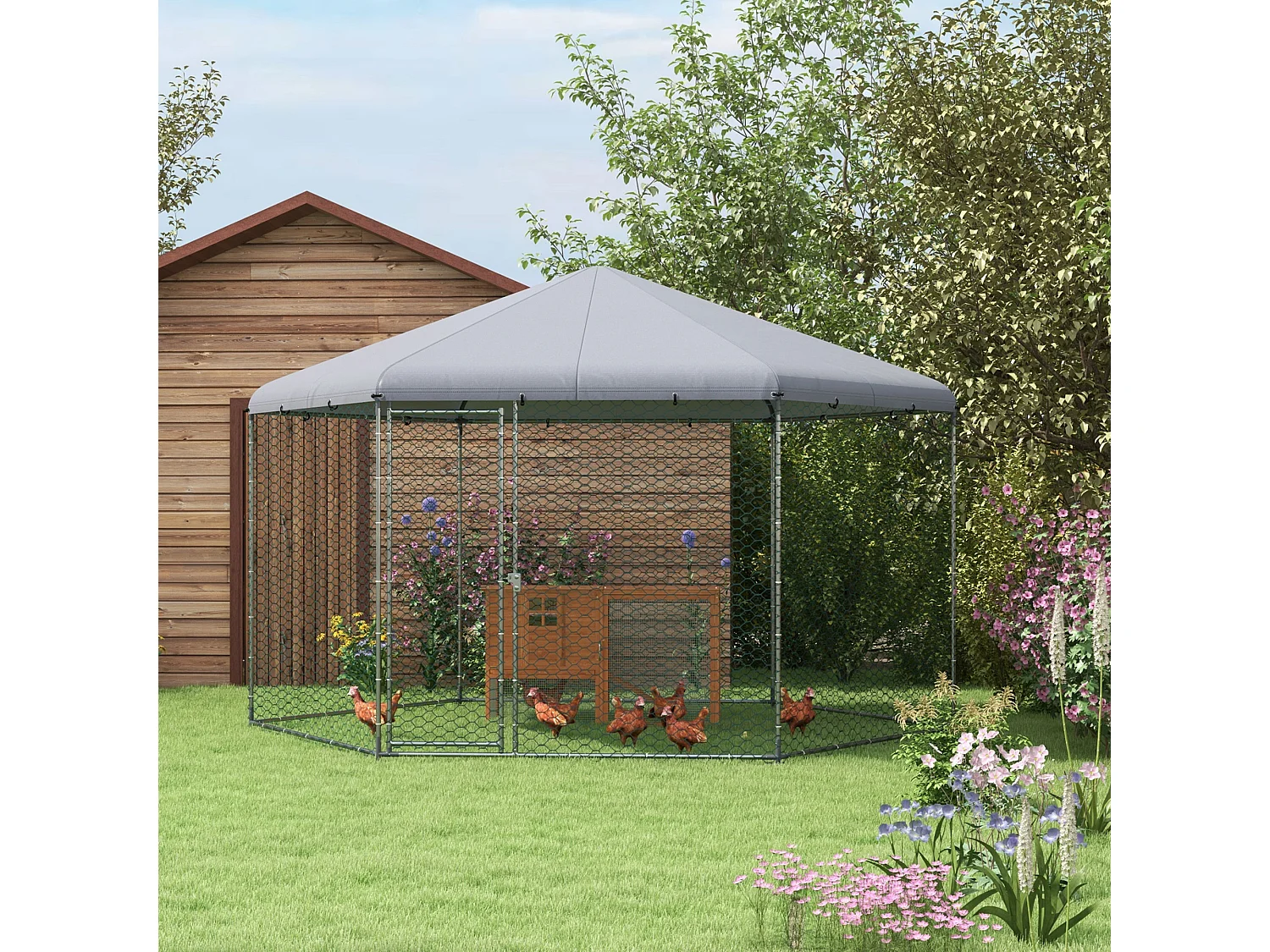 Recinto per galline con tetto e porta in acciaio 4x3.5x2.6m argento