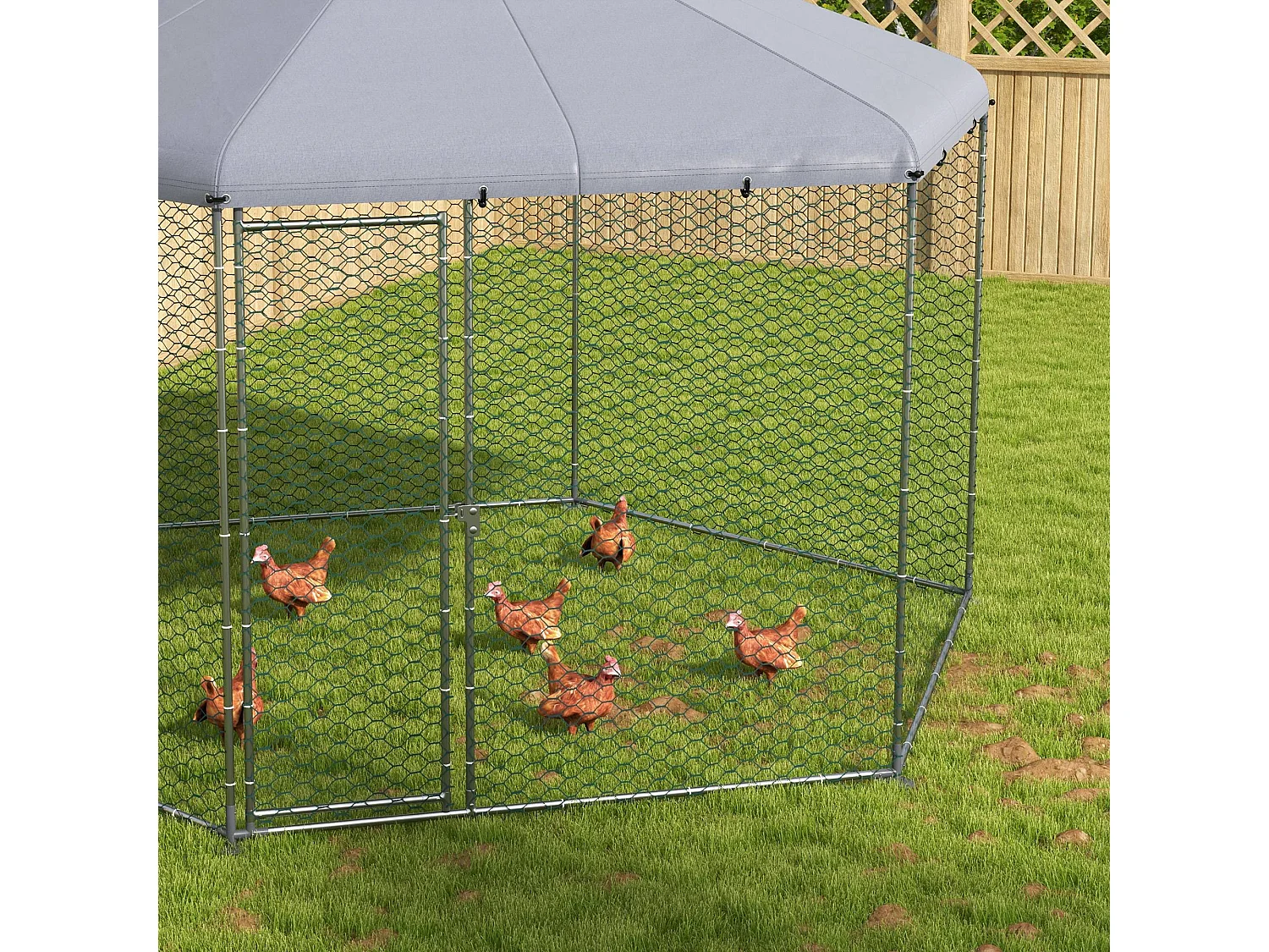 Recinto per galline con tetto e porta in acciaio 4x3.5x2.6m argento