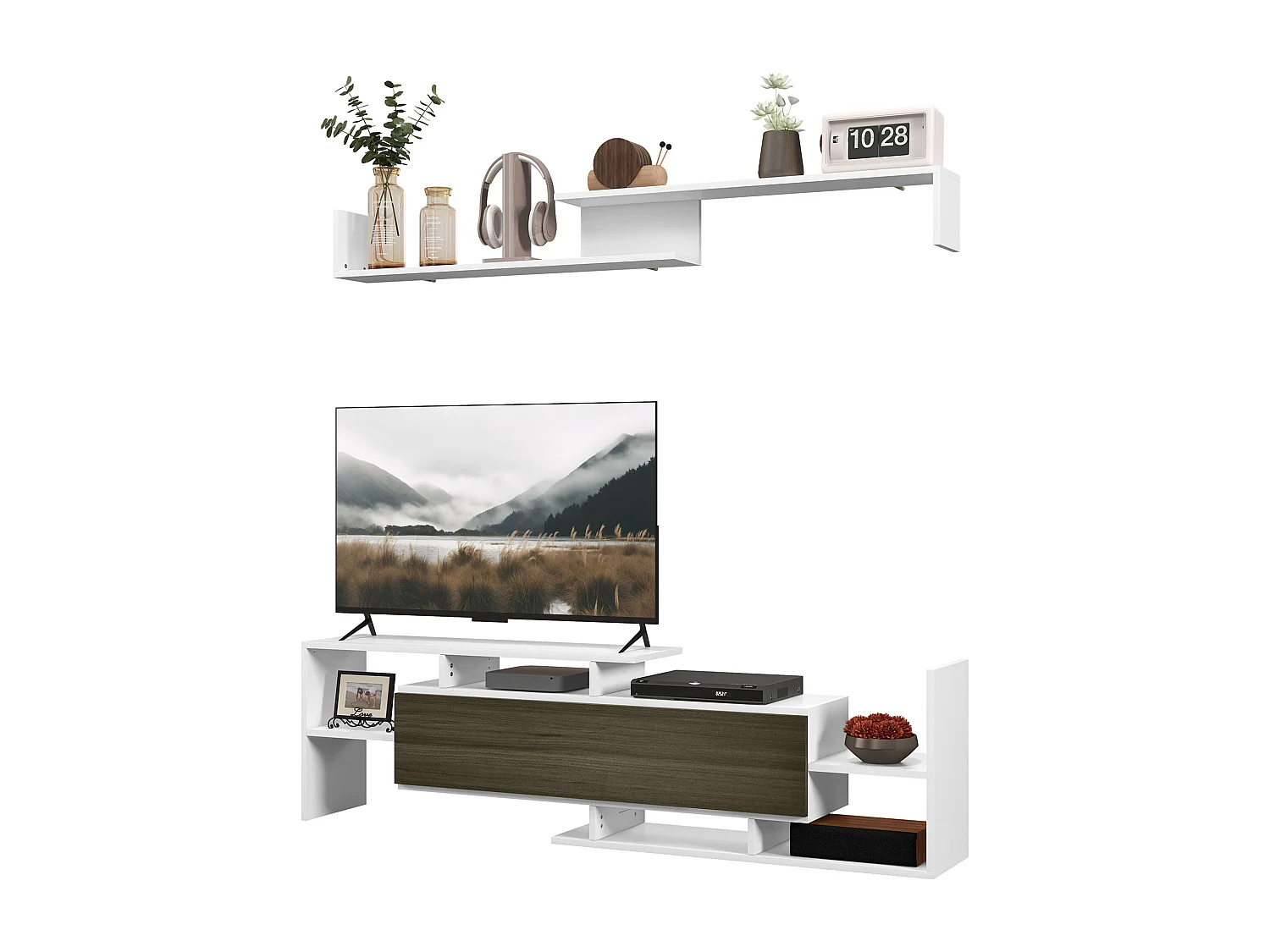 Mobile tv con mensola a muro, ripiani aperti e armadietto in legno