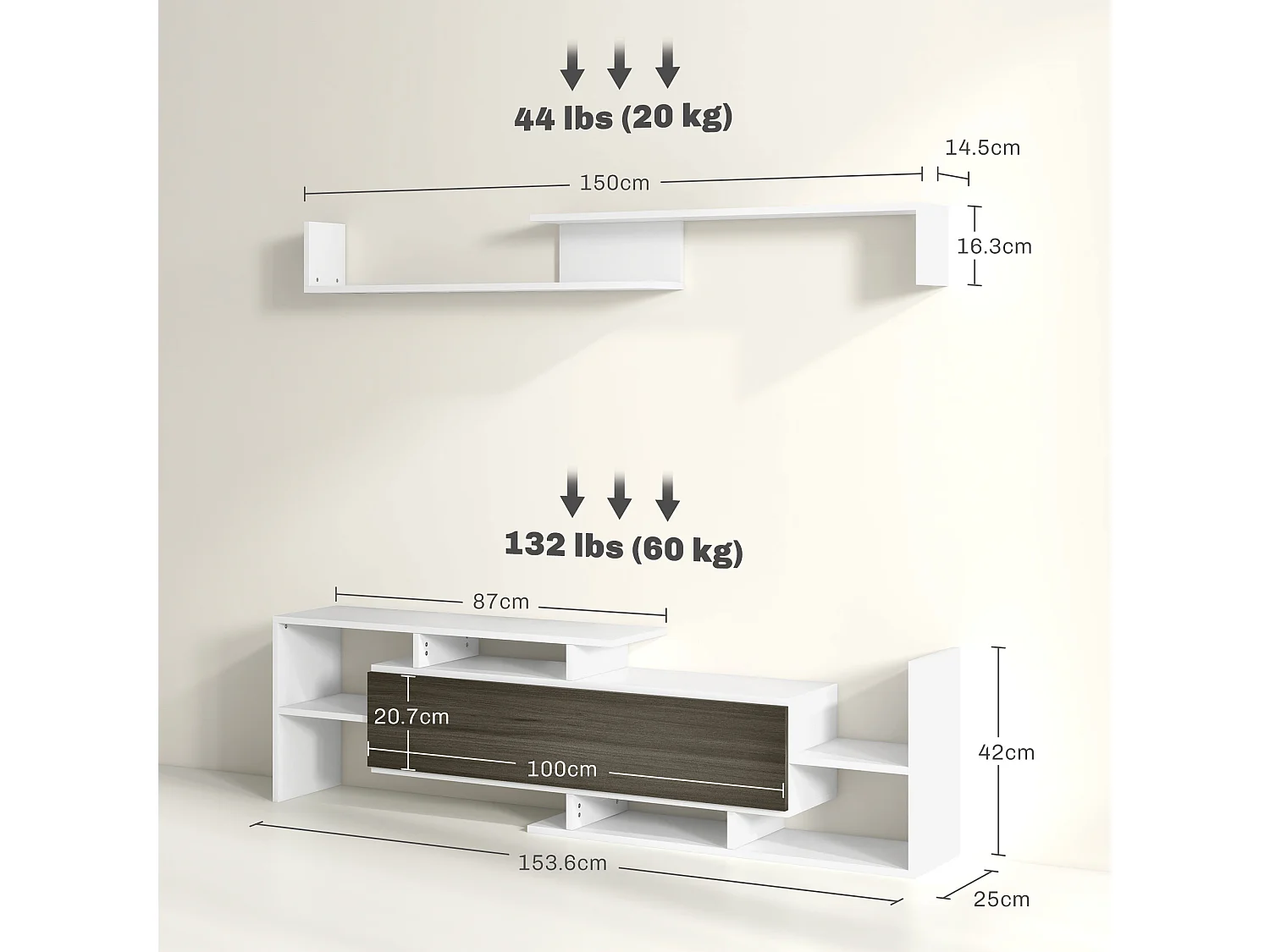 Mobile tv con mensola a muro, ripiani aperti e armadietto in legno