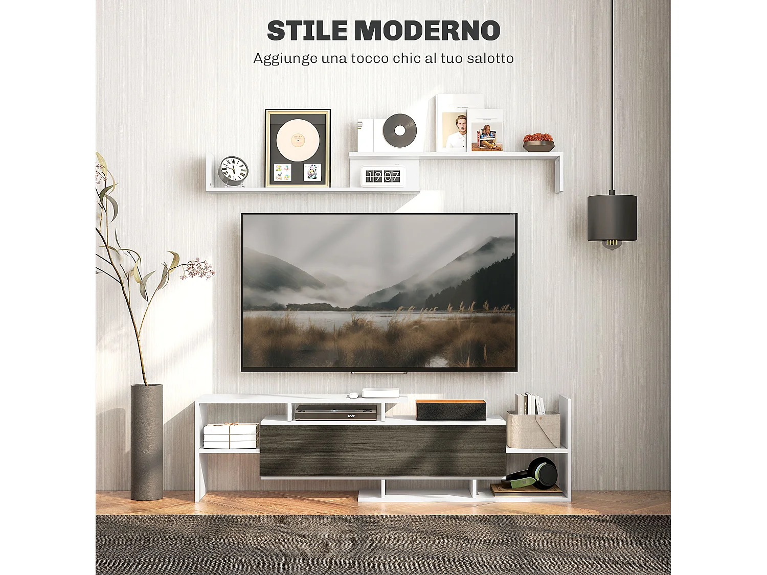 Mobile tv con mensola a muro, ripiani aperti e armadietto in legno