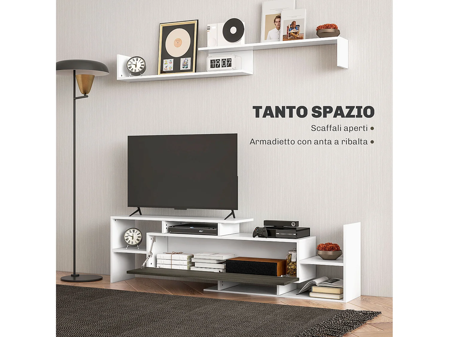 Mobile tv con mensola a muro, ripiani aperti e armadietto in legno