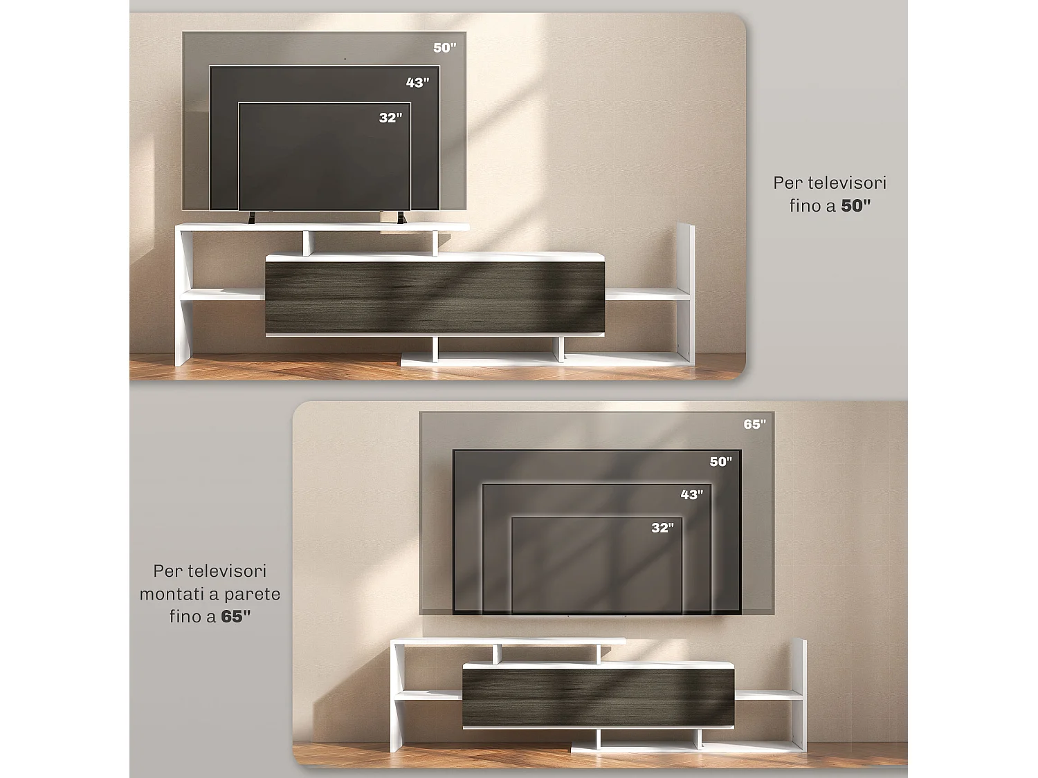 Mobile tv con mensola a muro, ripiani aperti e armadietto in legno