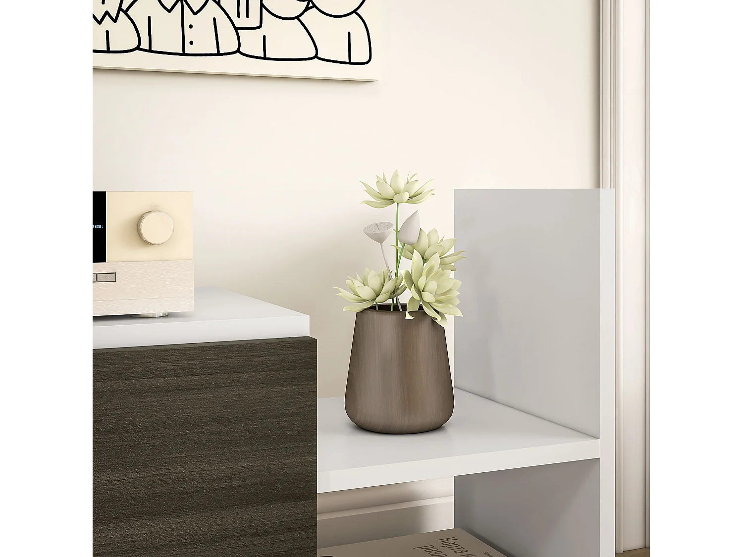 Mobile tv con mensola a muro, ripiani aperti e armadietto in legno