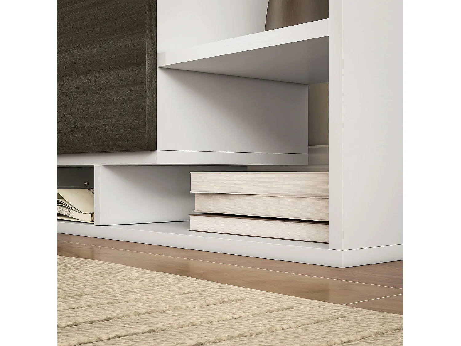 Mobile tv con mensola a muro, ripiani aperti e armadietto in legno