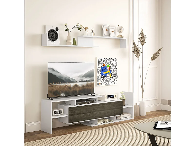 Mobile tv con mensola a muro, ripiani aperti e armadietto in legno