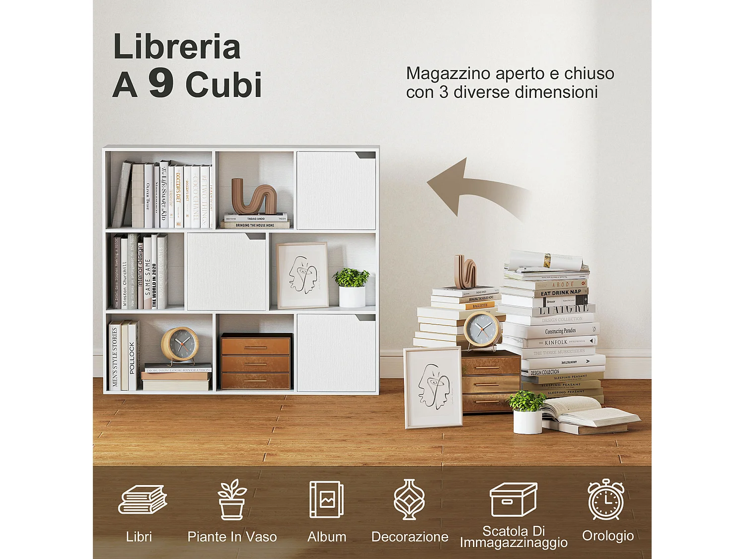 Libreria a cubi con 6 sezioni aperte e 3 chiuse con ante magnetiche
