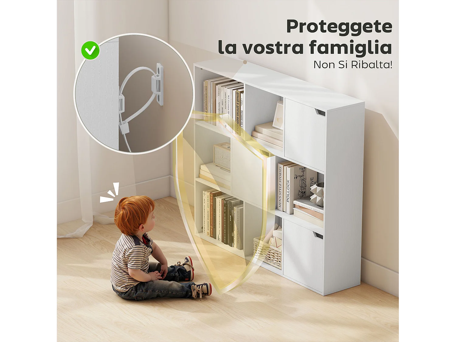 Libreria a cubi con 6 sezioni aperte e 3 chiuse con ante magnetiche