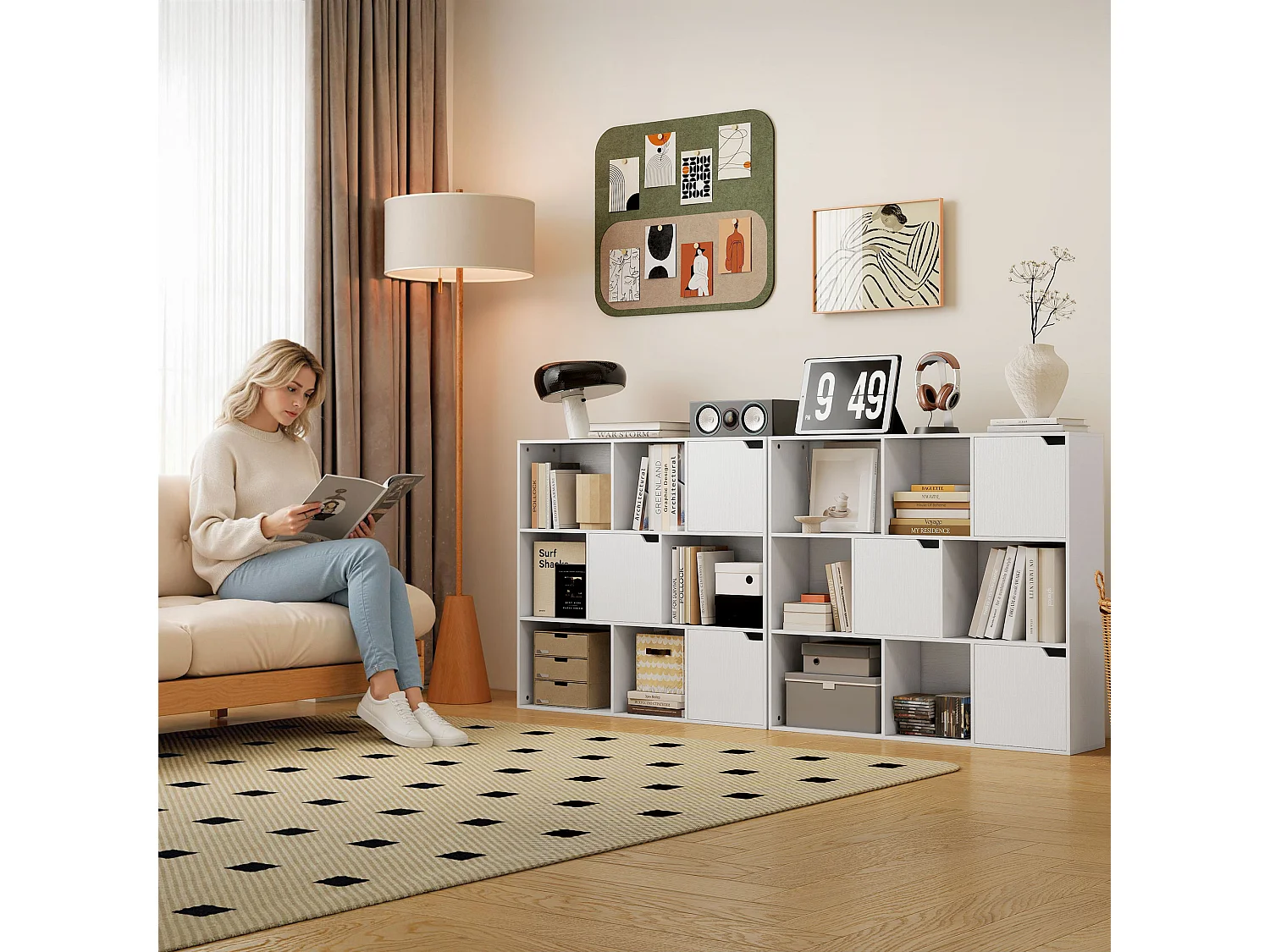 Libreria a cubi con 6 sezioni aperte e 3 chiuse con ante magnetiche