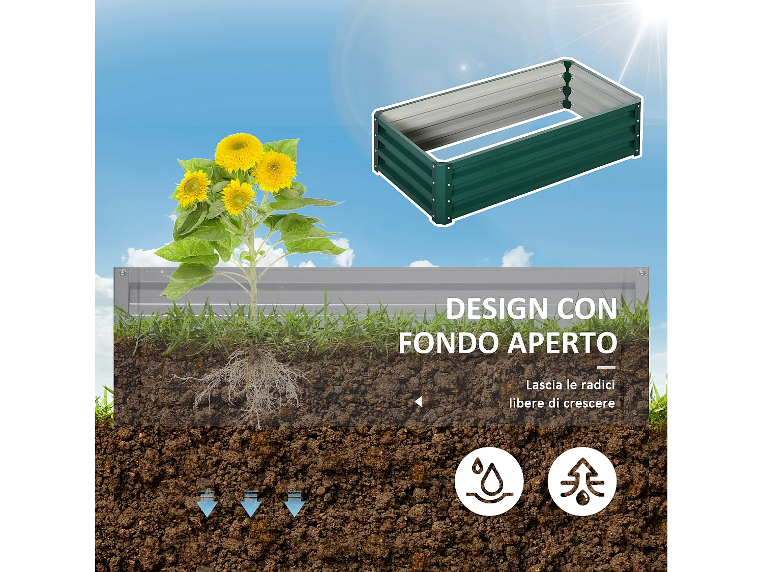 Letto per orto rialzato a fondo aperto in acciaio verde