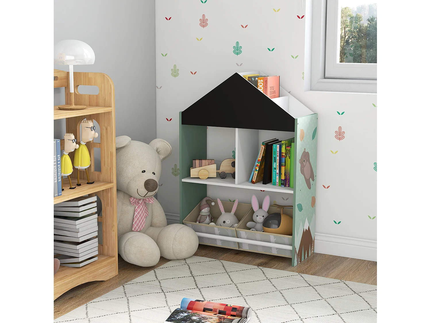 Scaffale portagiochi per bambini con ripiani e cassetti verde