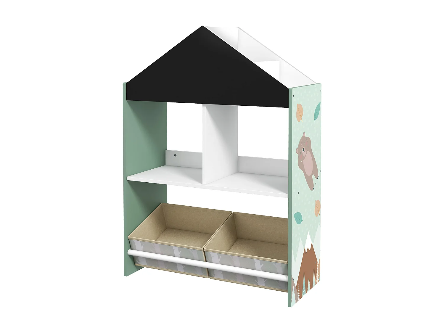 Scaffale portagiochi per bambini con ripiani e cassetti verde