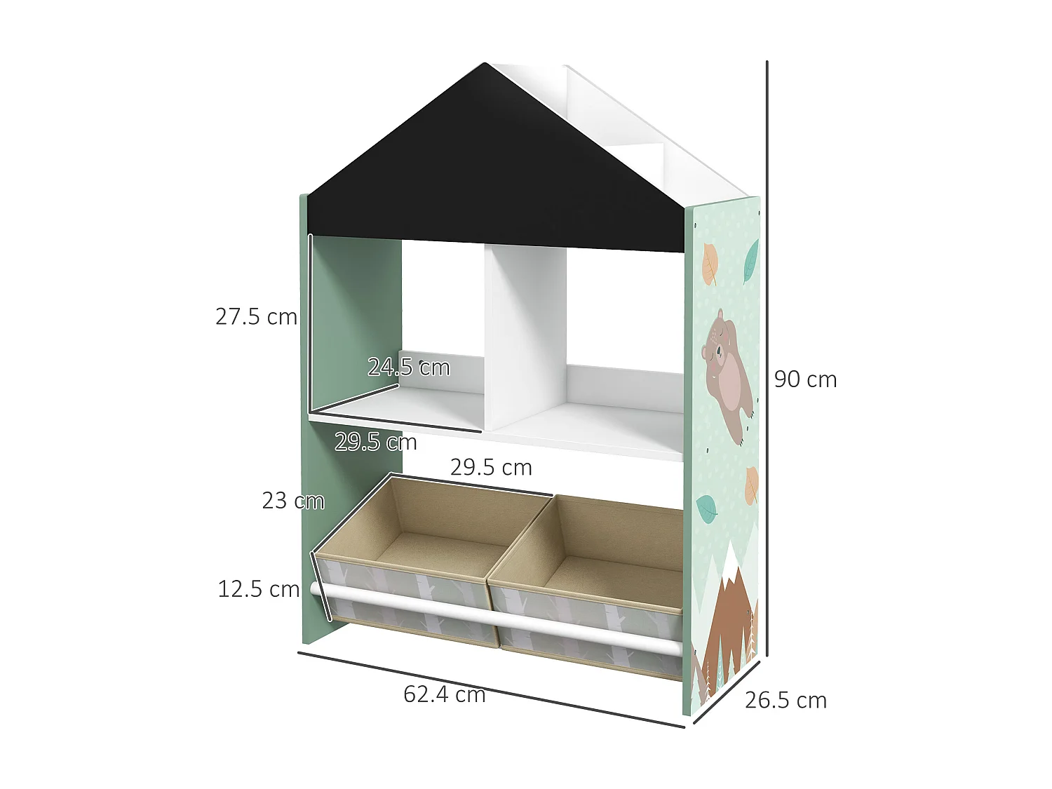 Scaffale portagiochi per bambini con ripiani e cassetti verde