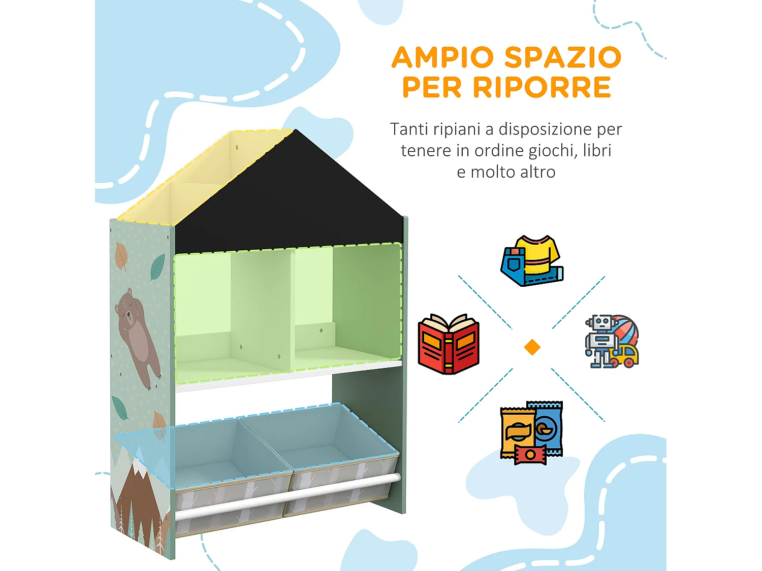 Scaffale portagiochi per bambini con ripiani e cassetti verde