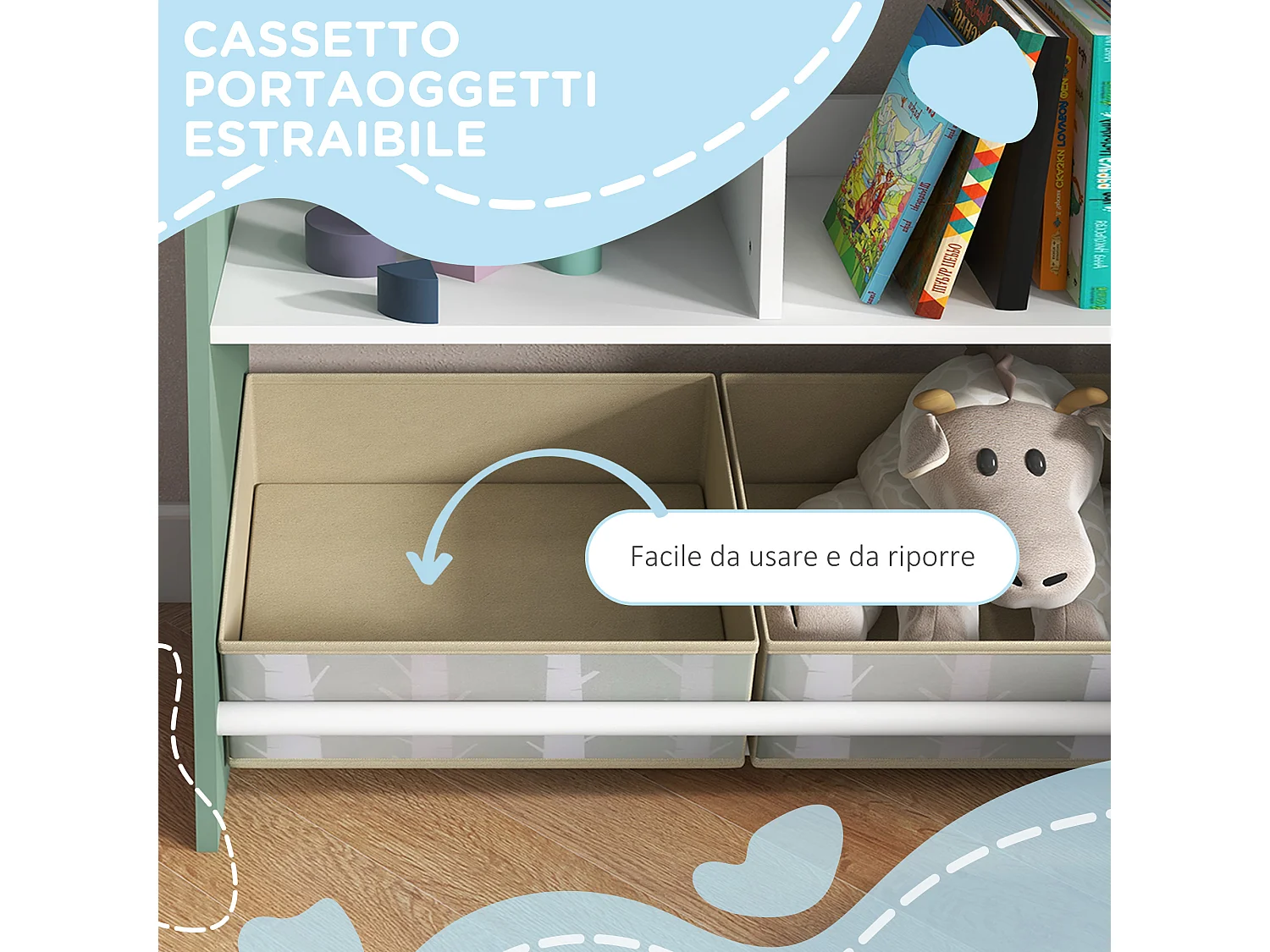 Scaffale portagiochi per bambini con ripiani e cassetti verde