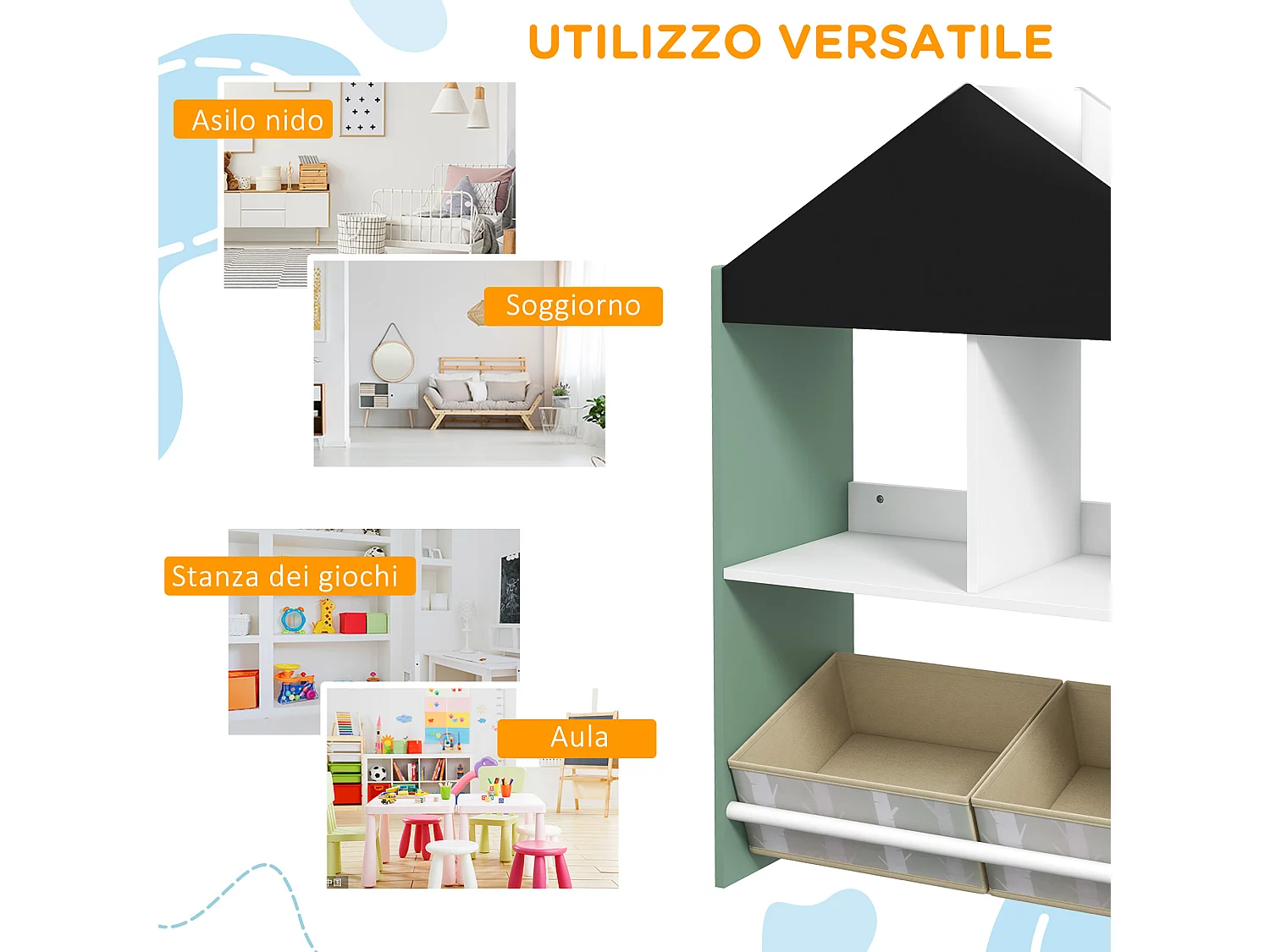 Scaffale portagiochi per bambini con ripiani e cassetti verde