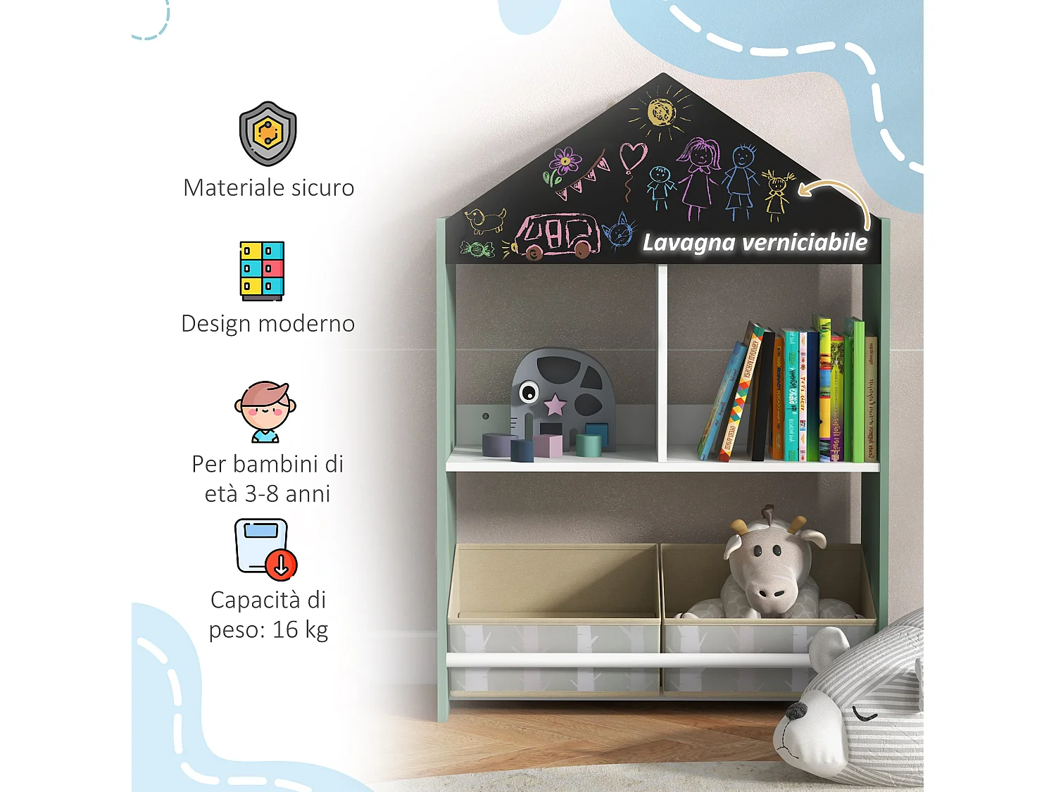 Scaffale portagiochi per bambini con ripiani e cassetti verde