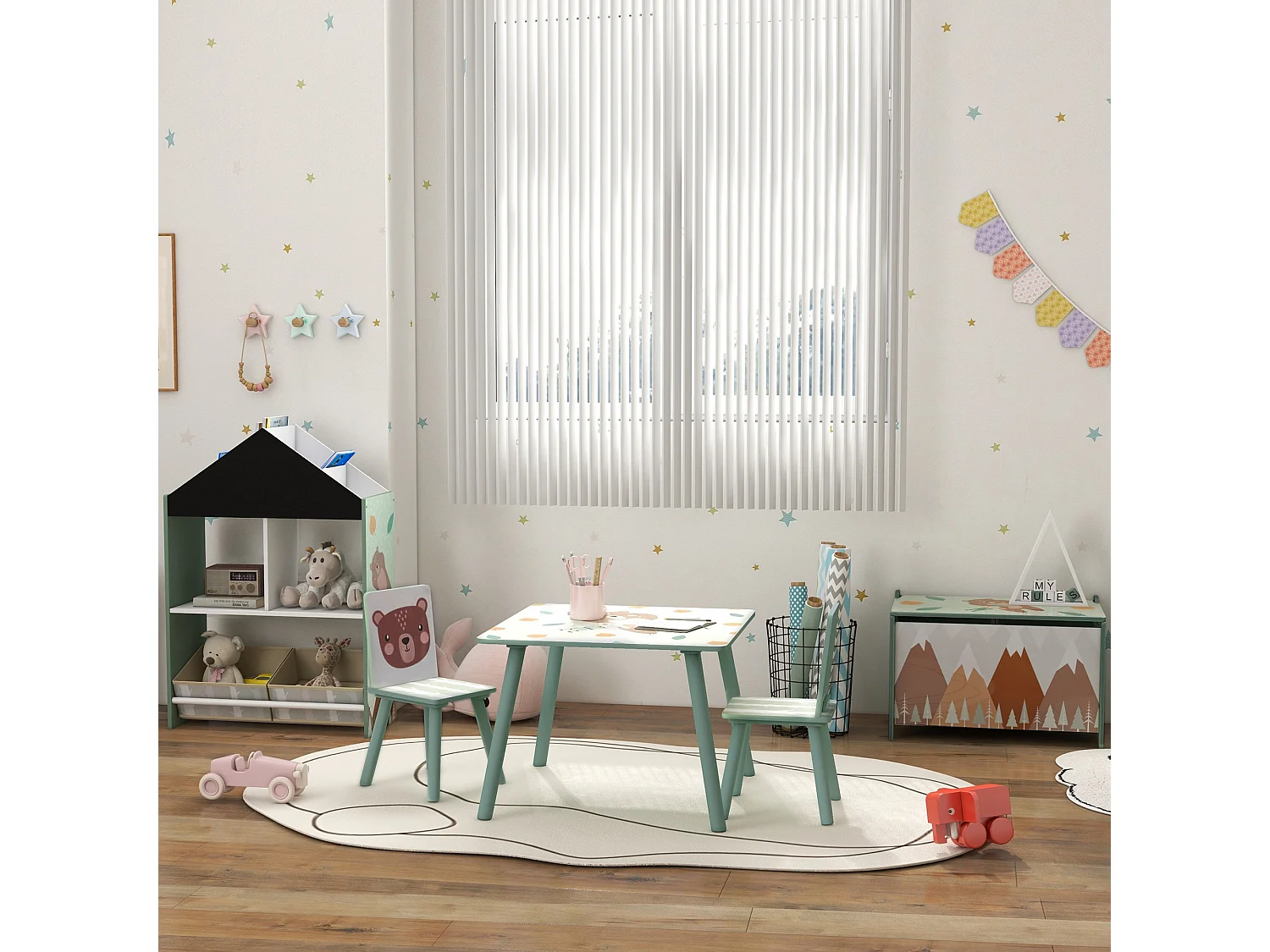 Scaffale portagiochi per bambini con ripiani e cassetti verde