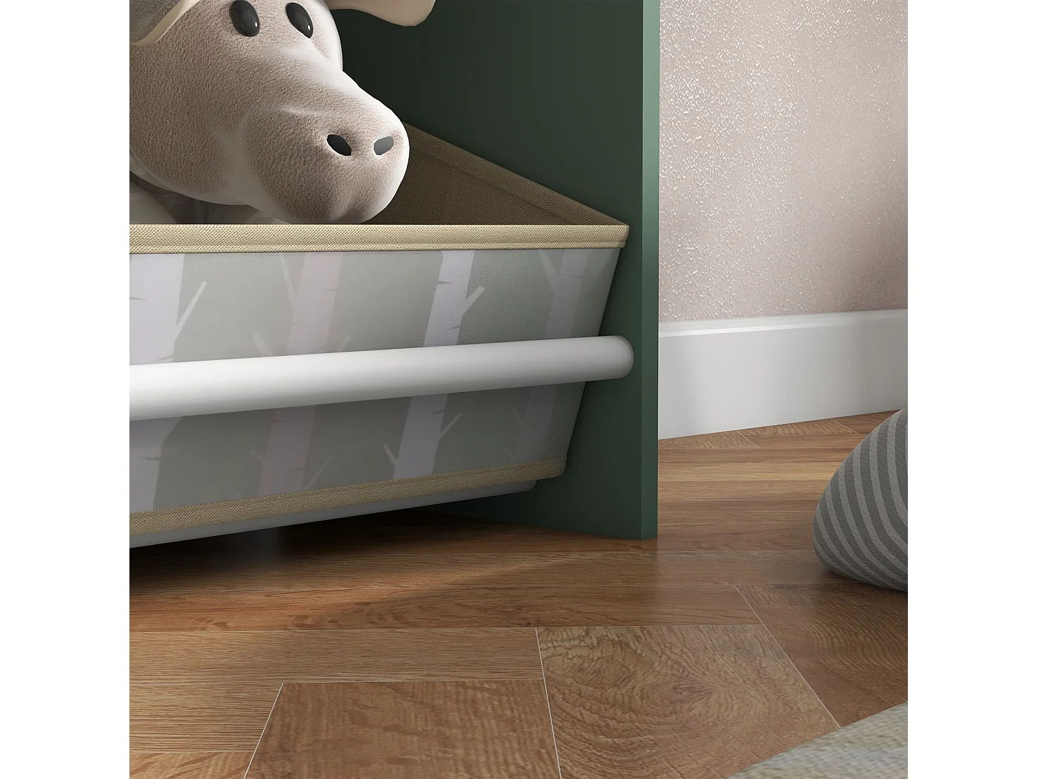 Scaffale portagiochi per bambini con ripiani e cassetti verde