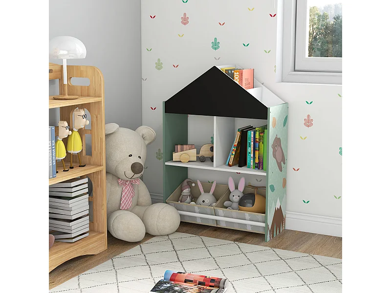 Scaffale portagiochi per bambini con ripiani e cassetti verde