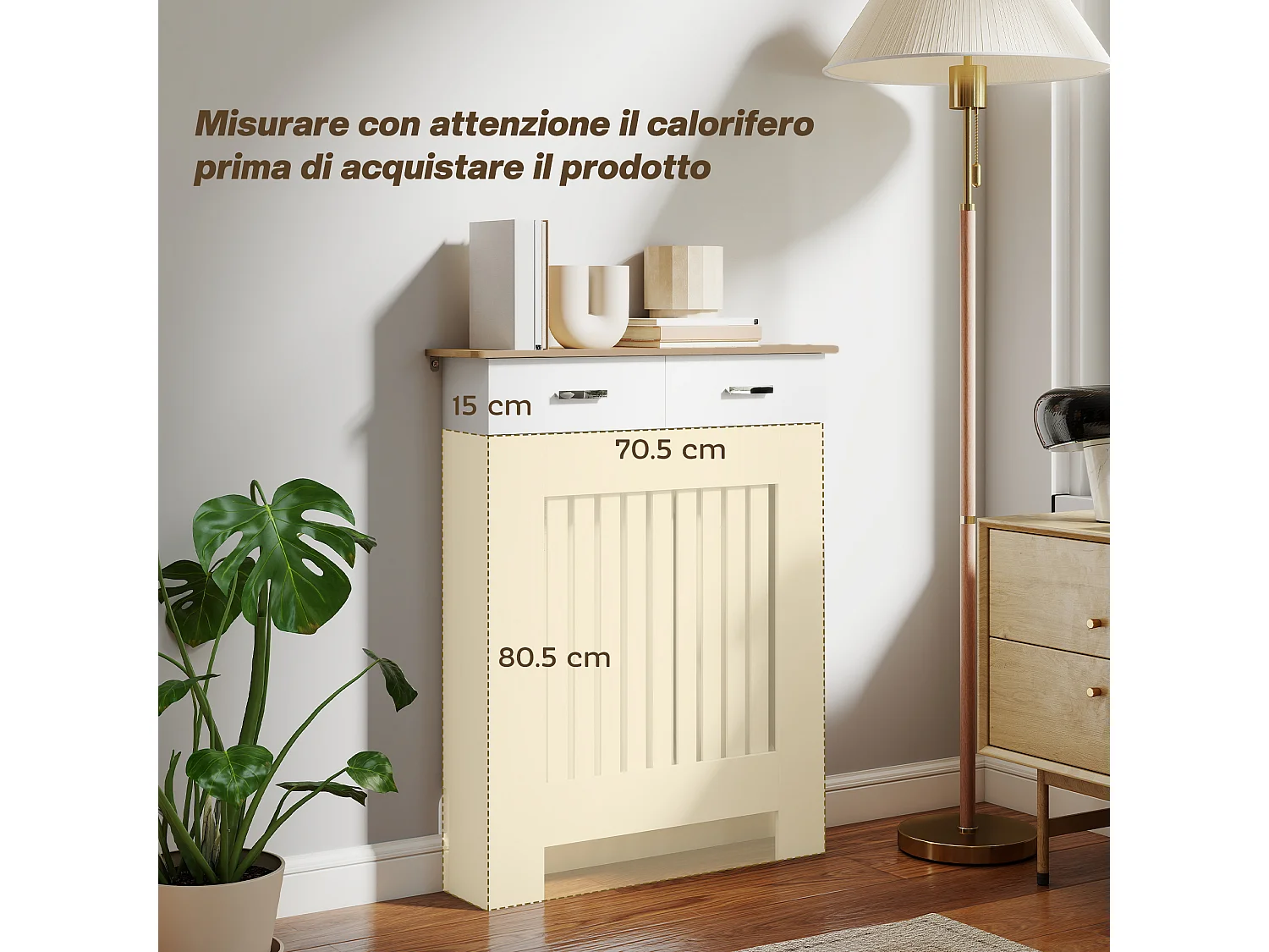 Copritermosifone a doghe con cassetto in legno 78x19x97 cm bianco