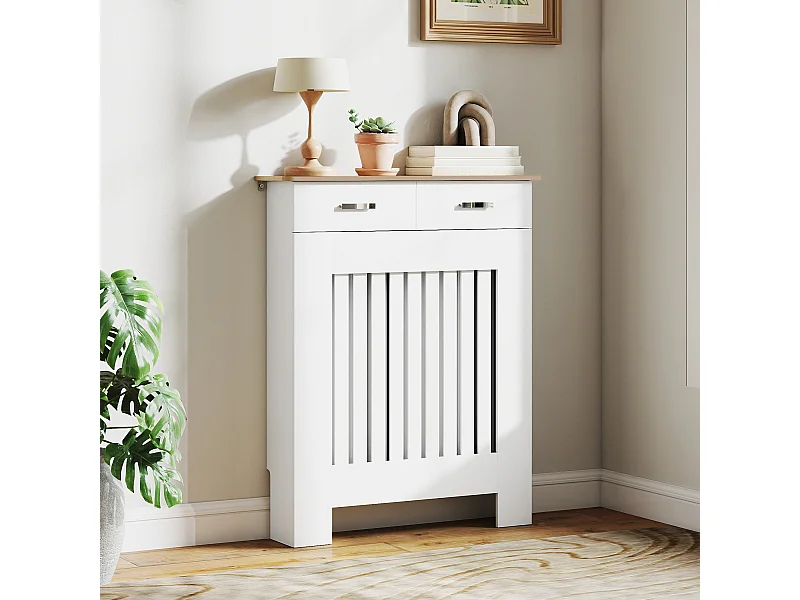 Copritermosifone a doghe con cassetto in legno 78x19x97 cm bianco