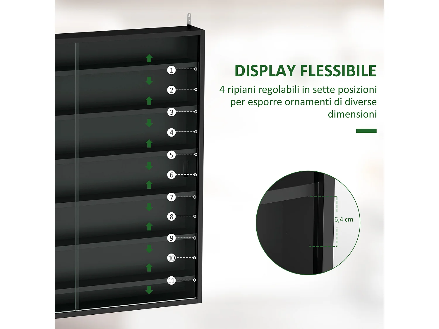 Vetrina espositiva da parete a 6 ripiani regolabili, vetrinetta per collezionismo