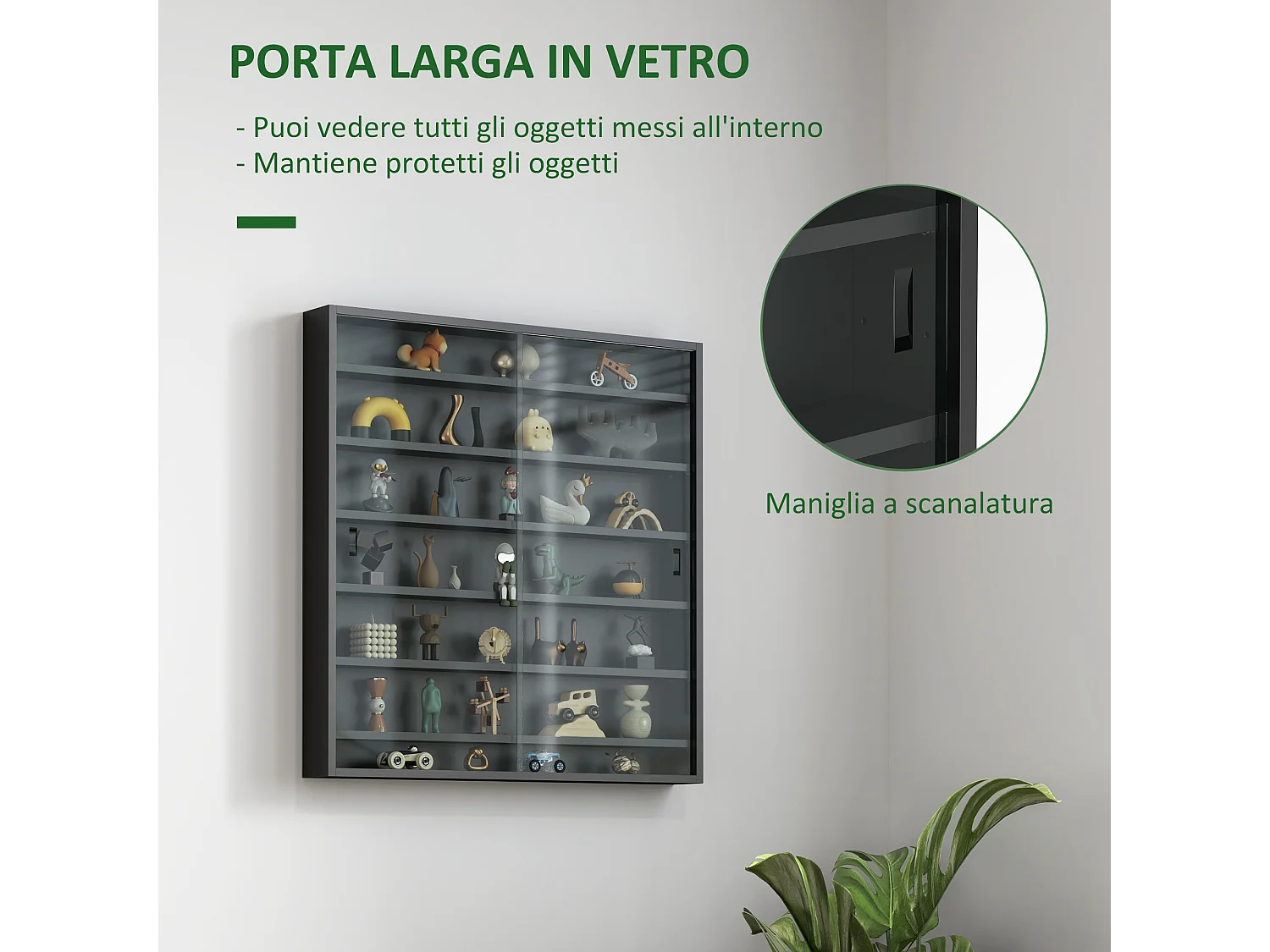 Vetrina espositiva da parete a 6 ripiani regolabili, vetrinetta per collezionismo