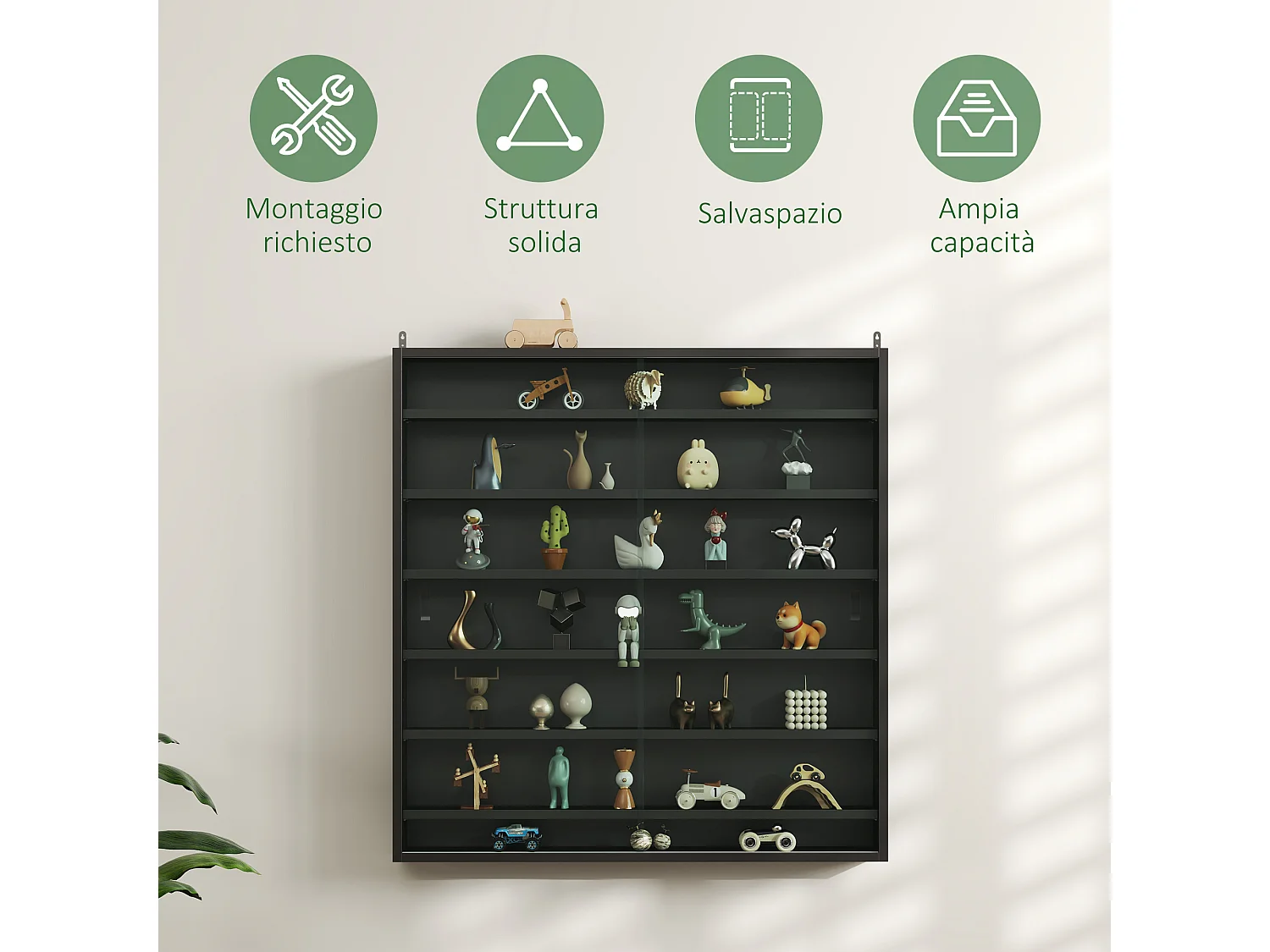 Vetrina espositiva da parete a 6 ripiani regolabili, vetrinetta per collezionismo