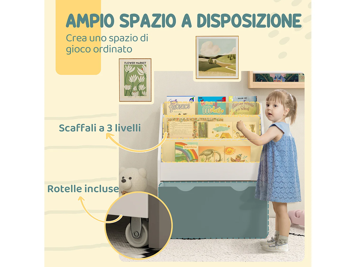 Libreria per bambini 3-8 anni a 3 ripiani con cassetto inferiore, scaffale portagiochi in legno mdf