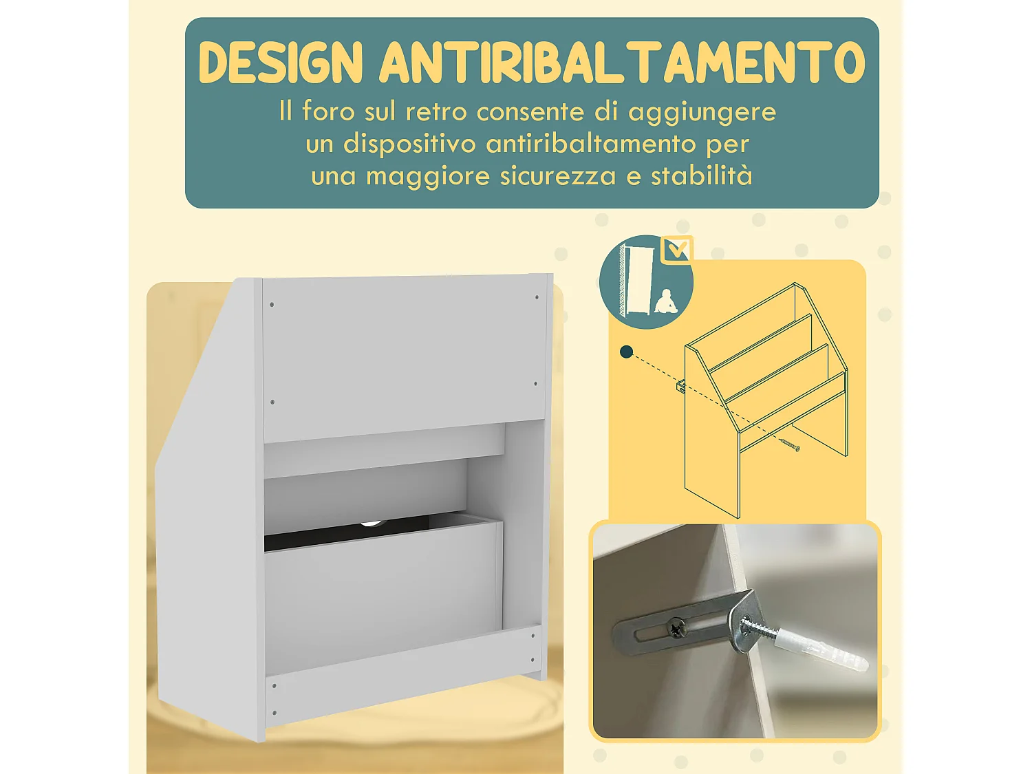 Libreria per bambini 3-8 anni a 3 ripiani con cassetto inferiore, scaffale portagiochi in legno mdf