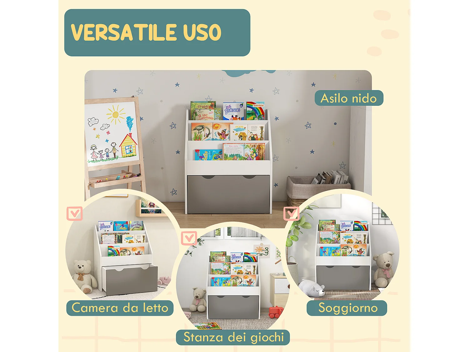 Libreria per bambini 3-8 anni a 3 ripiani con cassetto inferiore, scaffale portagiochi in legno mdf