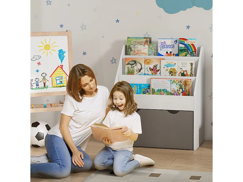 Libreria per bambini 3-8 anni a 3 ripiani con cassetto inferiore, scaffale portagiochi in legno mdf