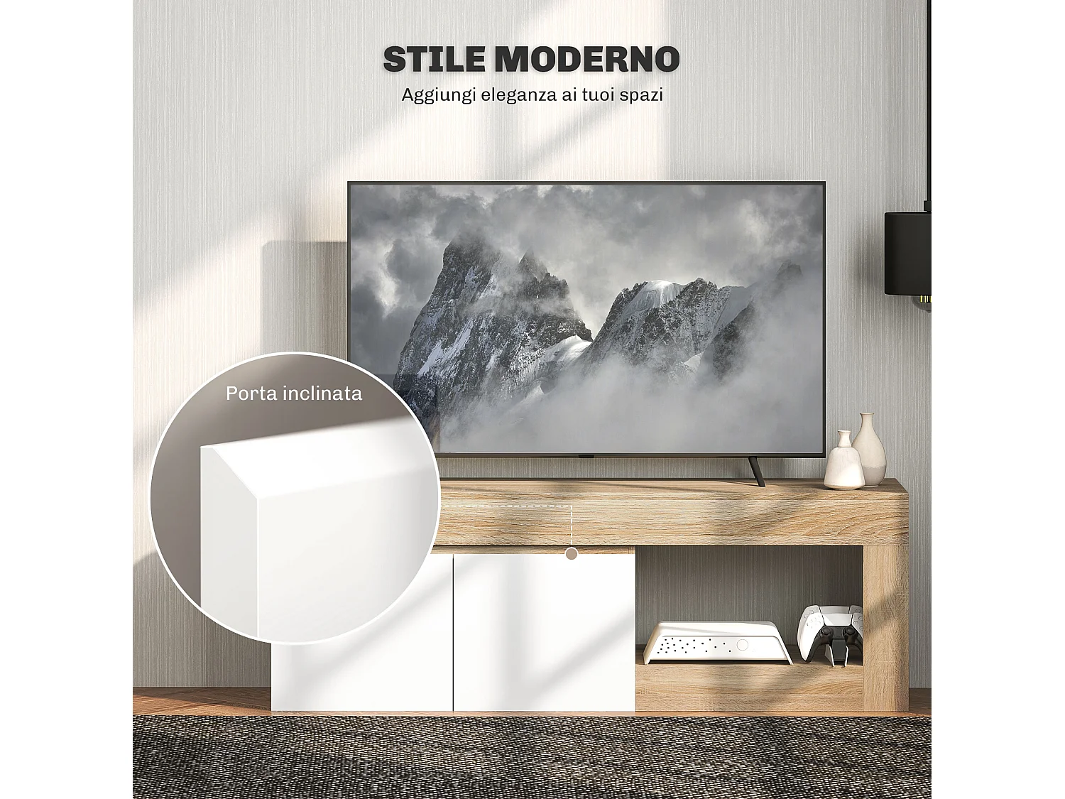 Mobile tv mobile porta tv fino a 60" con armadietto 2 ante soft close e ripiano aperto