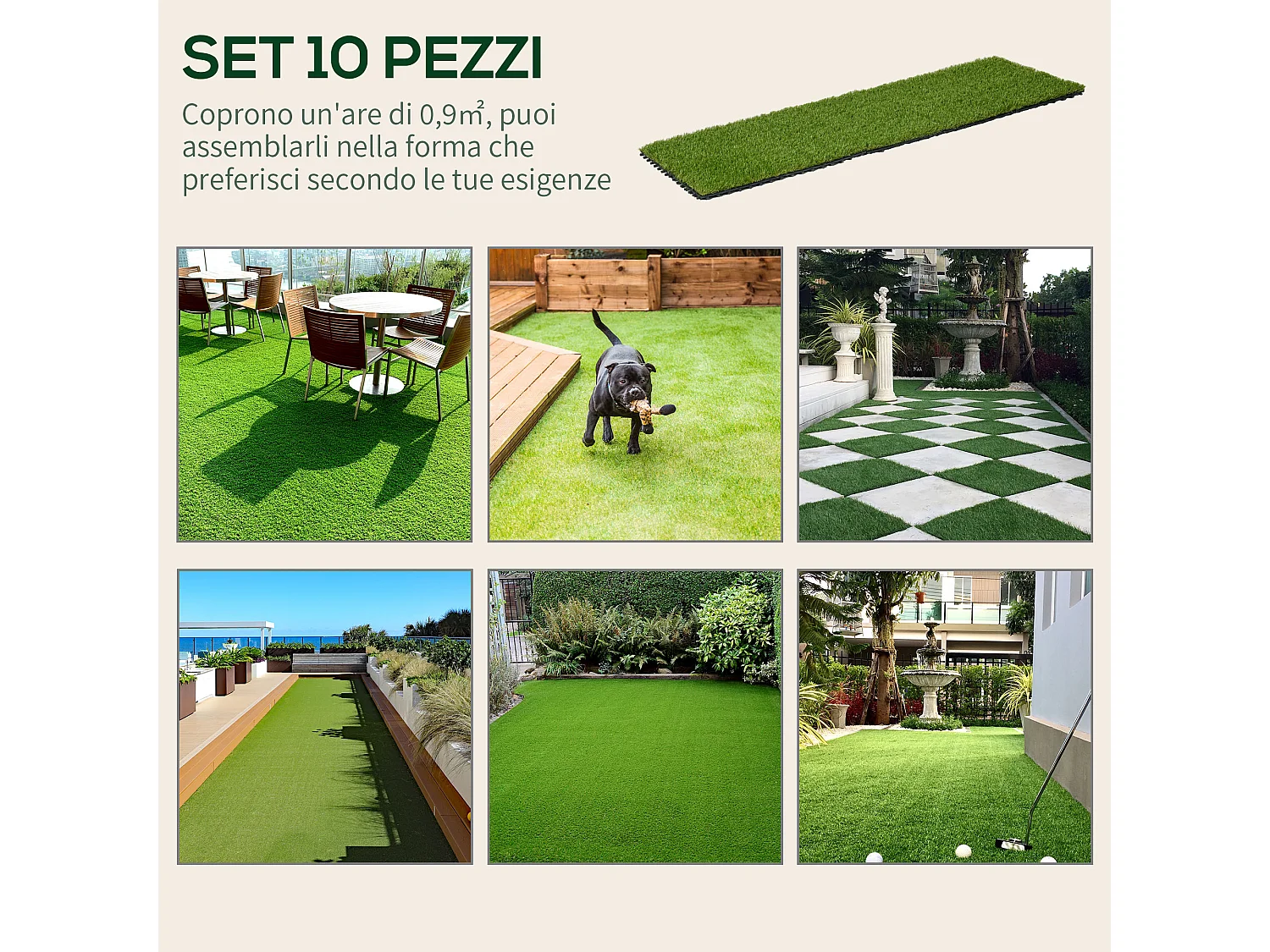 Set 10 piastrelle da giardino con prato sintetico