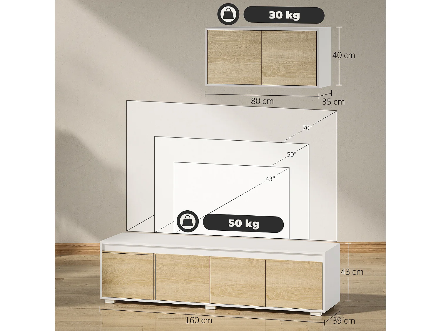 Set 2 pezzi parete attrezzata da soggiorno in truciolato