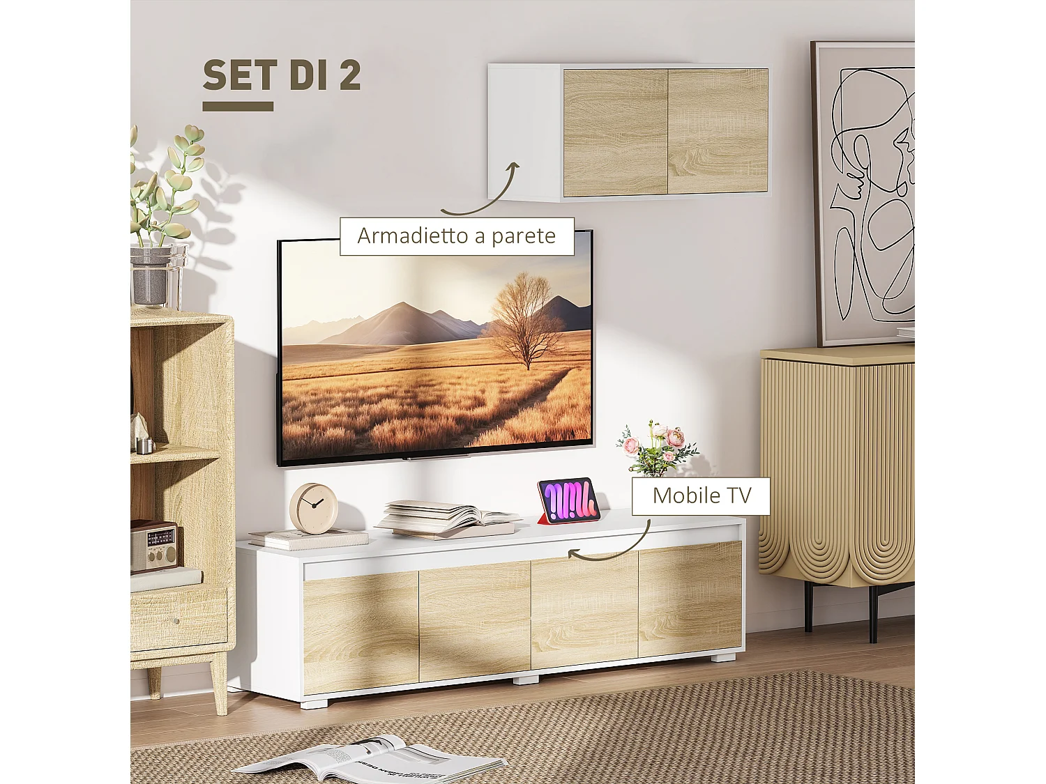 Set 2 pezzi parete attrezzata da soggiorno in truciolato