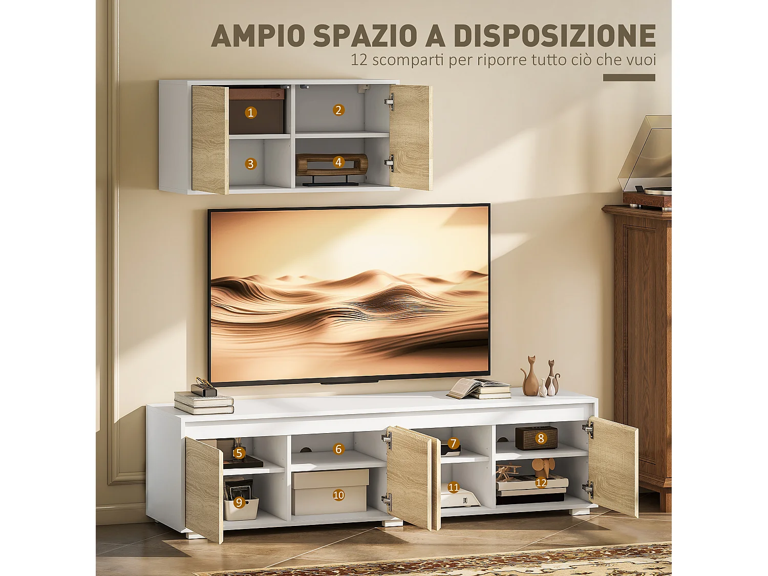 Set 2 pezzi parete attrezzata da soggiorno in truciolato