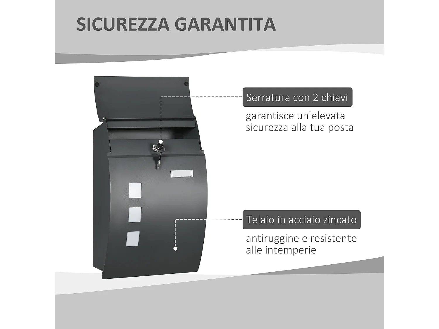 Cassetta postale in acciaio zincato con 3 fessure e 2 chiavi