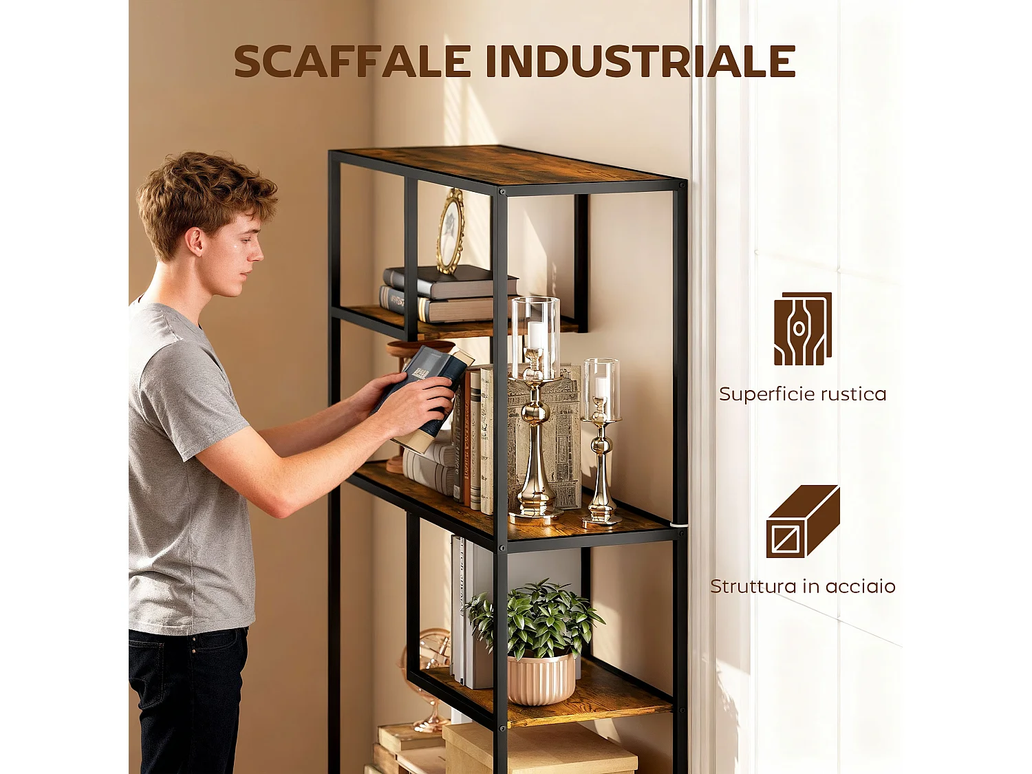 Libreria scaffale a 7 ripiani, libreria verticale salvaspazio struttura in acciaio