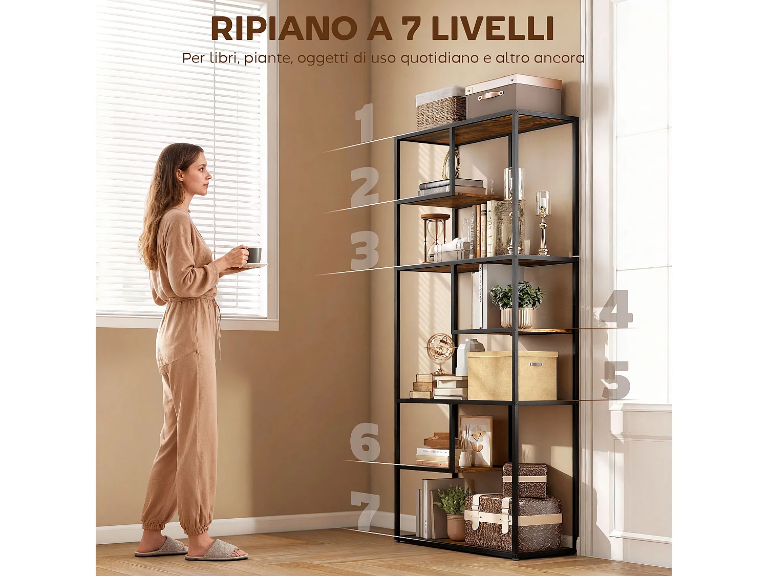 Libreria scaffale a 7 ripiani, libreria verticale salvaspazio struttura in acciaio